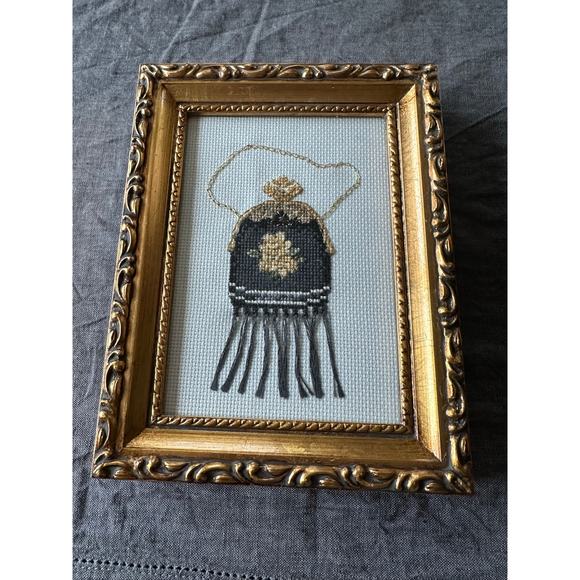 Framed needlepoint finished Counted Cross Stitch Vintage Purse Sandy Clough 6x7” - Picture 4 of 12